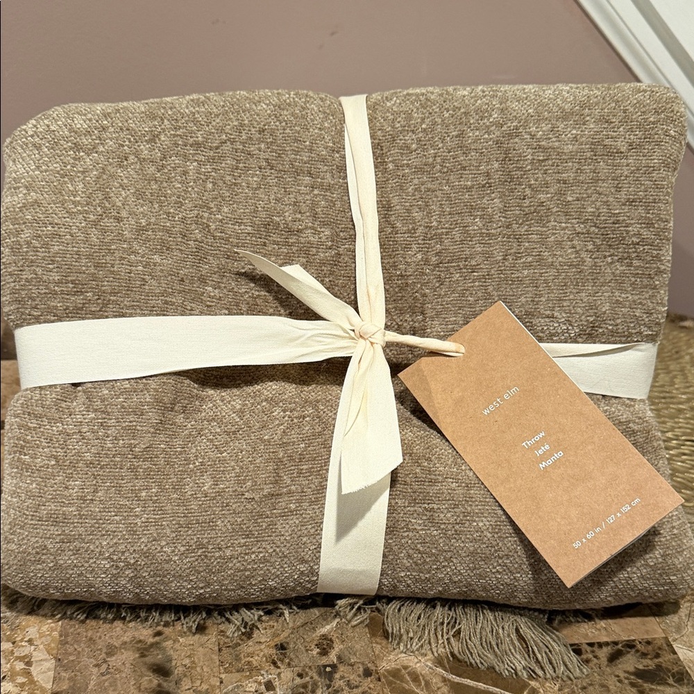 West Elm Reversible Chenille Throw Blanket, 50x60”, Sand